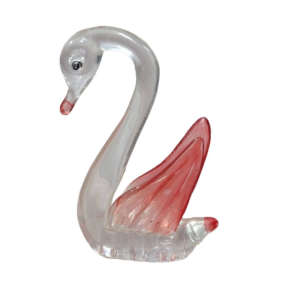 Vintage Lucite Swan Figurine Miniature Clear Pink Plastic Ring Holder Hong Kong